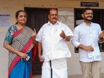 NDA candidate for Poonjar constituency PC George cast his vote at the booth during the Kerala Assembly election in Kottayam on Thursday. 