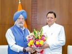 Uttarakhand Chief Minister Pushkar Singh Dhami meets Union Petroleum and Natural Gas Minister Hardeep Puri, in New Delhi on Monday.