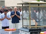 AAP National Convenor Arvind Kejriwal pays homage to Mahatma Gandhi at Rajghat, in New Delhi on Tuesday. AAP national leader Manish Sisodia and Delhi Assembly LoP Atishi also present. (ANI Photo/Jitender Gupta)