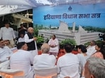 Former Haryana CM and LoP Bhupinder Singh Hooda speaking during the mock assembly after boycotting the special session in Chandigarh on Monday. (Keshav Singh/HT)