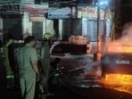 In a separate incident, a moving vehicle caught fire in the same sector on Monday morning suspectedly due to engine overheating. However, there were no injuries or casualties, officials said. (HT Photos)