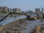 Mumbai, India - May 18, 2023: State of Maharashtra Hon. Chief Minister Eknath Shinde along with Brihanmumbai Municipal Corporation Commissioner and Administrator Iqbal Singh Chahal inspecting the desilting works of Mithi River at BKC in Mumbai, India, on Thursday, May 18, 2023. (Photo by Satish Bate/ Hindustan Times) (Hindustan Times)
