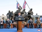 North Korean leader Kim Jong Un speaks during the opening ceremony of the Memorial Museum honouring North Korean troops killed while fighting for Russia in the war against Ukraine.