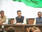 Raghav Chadha on Friday announced that two-thirds of members of the AAP in the Rajya Sabha were merging with the BJP. (HT PHOTO)