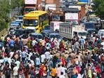 Thousands of workers employed at the Hosiery Complex located within the factories of Noida Phase 2 staged a massive protest, demanding an increase in compensation, and pelted stones at the police. (File)