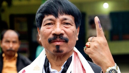 Apr 09 (ANI): NDA-AGP candidate Atul Bora from the Bokakhat constituency shows the ink-marked finger after casting a vote at a polling station during the Assam Assembly Elections 2026 in Bokakhat, Golaghat, on Thursday. (Abdul Sajid )