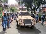 An armoured vehicle and CAPF personnel patrol in the Bhawanipur Assembly constituency on the eve of the second phase of the West Bengal Assembly elections, in Kolkata 