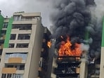A massive fire broke out at Gaur Green Avenue in Indirapuram, Ghaziabad, on Wednesday morning. (Sakib Ali/ HT Photo)