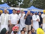 Aam Aadmi Party Punjab affairs in-charge Manish Sisodia (centre) at the state-level poll strategy session in Jalandhar on Wednesday. (HT Photo)