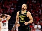 Golden State Warriors guard Stephen Curry (30) reacts after scoring a basket during the second half of game seven of the first round for the 2025 NBA Playoffs against the Houston Rockets at Toyota Center. Mandatory Credit: Troy Taormina-Imagn
