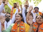 Bharatiya Janata Party supporters celebrate the results of the local body elections, in Rajkot, on Tuesday. (PTI)