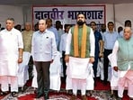 Bihar Governor Lt. Gen. (Retd) Syed Ata Hasnain with Bihar chief minister Samrat Choudhary and others during Danveer Bhamashah Jayanti Samaroh in Patna on Wednesday. (Santosh Kumar/HT)