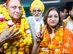 BJP mayor candidate Pravesh Wahi and deputy mayor candidate Monica Pant file their nominations for the upcoming MCD mayor election at the Civic Centre, in New Delhi, India, on Thursday, April 23, 2026.  