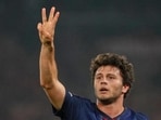 PSG's Joao Neves celebrates after scoring his side's second goal during a Champions League semifinal against Bayern Munich in Paris. (AP)