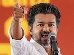 Actor and Tamilaga Vettri Kazhagam (TVK) chief Vijay addresses a public meeting ahead of the Tamil Nadu Assembly elections, in Chennai.