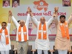 Gujarat Chief Minister Bhupendra Patel, Deputy Chief Minister Harsh Sanghavi, Gujarat BJP Chief Jagdish Panchal and others during BJP's election results celebration following the party's strong performance in Gujarat's local body polls, in Ahmedabad.