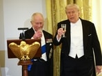 US President Donald Trump and Britain's King Charles III raise a toast during a State Dinner in the East Room of the White House in Washington, DC, on April 28, 2026. (Photo by Henry Nicholls / AFP)