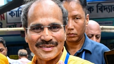 Murshidabad: Congress candidate Adhir Ranjan Chowdhury shows his ink-marked finger after casting vote during the first phase of the West Bengal Assembly elections, in Murshidabad district, Thursday, April 23, 2026. (PTI)