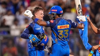 Hardik Pandya ably assisted Rickelton as the two forged an aggressive fifth-run stand that took Mumbai past the 200-run mark. (PTI) Hardik Pandya ably assisted Rickelton as the two forged an aggressive fifth-run stand that took Mumbai past the 200-run mark. (PTI)