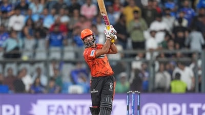 Amid the starry show from Travishek and Klaasen, Salil Arora produced a noteworthy performance with his 30 not out from 10 balls, which included a no-look six against Jasprit Bumrah. (PTI) Amid the starry show from Travishek and Klaasen, Salil Arora produced a noteworthy performance with his 30 not out from 10 balls, which included a no-look six against Jasprit Bumrah. (PTI)
