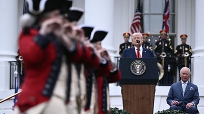 US President Donald Trump speaks next to Britain's King Charles III during an arrival ceremony on the South Lawn of the White House in Washington, DC, on April 28, 2026. (Photo by Brendan SMIALOWSKI / AFP) (AFP) US President Donald Trump speaks next to Britain's King Charles III during an arrival ceremony on the South Lawn of the White House in Washington, DC, on April 28, 2026. (Photo by Brendan SMIALOWSKI / AFP) (AFP)