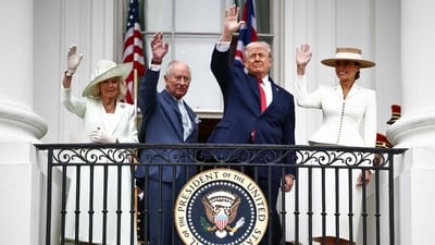 US President Donald Trump, First Lady Melania Trump, Britain's King Charles III and Queen Camilla wave to the crowd during an arrival ceremony on the South Lawn of the White House in Washington, DC, on April 28, 2026. (Photo by Henry NICHOLLS / POOL / AFP) (AFP) US President Donald Trump, First Lady Melania Trump, Britain's King Charles III and Queen Camilla wave to the crowd during an arrival ceremony on the South Lawn of the White House in Washington, DC, on April 28, 2026. (Photo by Henry NICHOLLS / POOL / AFP) (AFP)