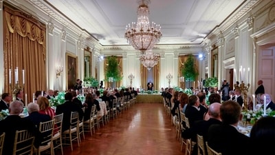 Queen Camilla, from left, King Charles III, US President Donald Trump, and First Lady Melania Trump during a state dinner in the East Room of the White House in Washington, DC, US, on Tuesday, April 28, 2026. Photographer: Craig Hudson/The Washington Post/Bloomberg (Bloomberg) Queen Camilla, from left, King Charles III, US President Donald Trump, and First Lady Melania Trump during a state dinner in the East Room of the White House in Washington, DC, US, on Tuesday, April 28, 2026. Photographer: Craig Hudson/The Washington Post/Bloomberg (Bloomberg)