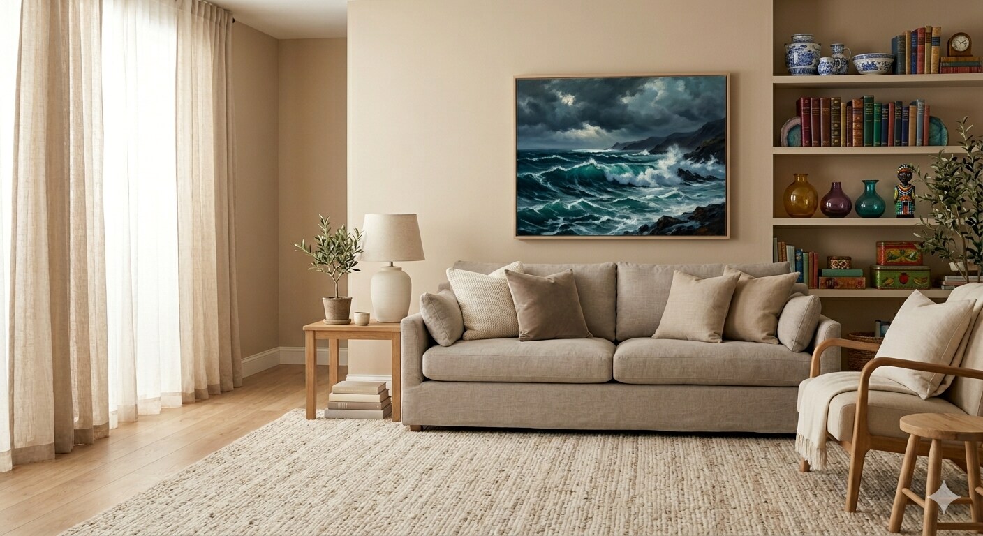 Ensure you choose sofa colour in the same colour family as the walls, along with full-height curtains. (Picture credit: Gemini AI) Ensure you choose sofa colour in the same colour family as the walls, along with full-height curtains. (Picture credit: Gemini AI)