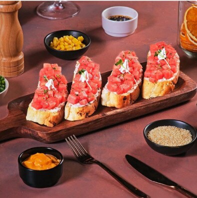 Watermelon Feta Garlic Bruschetta recipe (Salt Cafe Noida and Delhi) Watermelon Feta Garlic Bruschetta recipe (Salt Cafe Noida and Delhi)