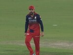 Virat Kohli celebrates after Shubman Gill's dismissal.