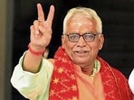 BJP candidate Surya Kumar Sharma alias Arvind Sharma shows victory sign during filing of nomination for the Bihar Legislative Council by-Election at the Bihar Vidhan Sabha in Patna on Thursday. (Santosh Kumar/HT)