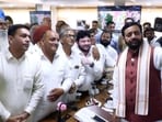 Chief minister Nayab Singh Saini takes a selfie with farmers’ delegation from Naraingarh in Chandigarh. (Sourced)