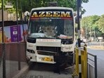 Following the collision, the bus veered off the road, climbed onto the footpath, and caused significant damage to the iron railing near Atre Auditorium. (HT PHOTO)