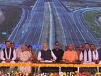 Prime Minister Narendra Modi inaugurates the Ganga Expressway in Hardoi district. UP governor Anandiben Patel and chief minister Yogi Adityanath, deputy CMs Keshav Prasad Maurya and Brajesh Pathak and others also present on the occasion. (HT Photo)