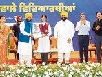 Punjab chief minister Bhagwant Mann felicitating JEE Main achievers at Vikas Bhawan in Mohali on Wednesday. (X) Punjab chief minister Bhagwant Mann felicitating JEE Main achievers at Vikas Bhawan in Mohali on Wednesday. (X)