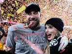 Travis Kelce, left, and Taylor Swift pose after the AFC Championship game against the Buffalo Bills