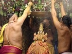<p>ఈ అలంకరణ కోసం 300 కేజీల వట్టివేరు, 500 కేజీల సంప్రదాయ పుష్పాలను వినియోగించారు. 15 వేల కట్ ఫ్లవర్స్ తో పాటు వివిధ రకాల పండ్లతో తోటను సుందరంగా తీర్చిదిద్దారు. ఆవు, దూడ, కోతి, నెమలి, హంసల రూపాలు ప్రత్యేక ఆకర్షణగా నిలిచాయి. బెంగళూరు, హైదరాబాద్ నిపుణులు ఈ అలంకరణలో పాలుపంచుకున్నారు.</p>