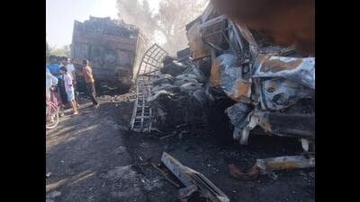 A truck driver was charred to death and another sustained serious injuries after two trucks collided head-on and caught fire near Khalchian village on the Ferozepur-Fazilka road in the early hours of Thursday. A truck driver was charred to death and another sustained serious injuries after two trucks collided head-on and caught fire near Khalchian village on the Ferozepur-Fazilka road in the early hours of Thursday.