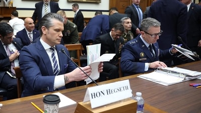 US Secretary of Defense Pete Hegseth and Chairman of the Joint Chiefs of Staff General Dan Caine testifying on the Department of Defense Fiscal Year 2027 Budget Request. (Getty Images via AFP)