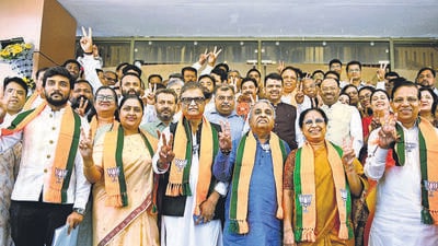 Mumbai, India – 30 April 2026: BJP candidates Sunil Karjatkar, Madhavi Naik, Sanjay Bhende, Vivek Kolhe, and Pramod Jathar comes out after the filed their nomination form for the MLC election at Vidhan Bhavan, in the presence of Maharashtra CM Devendra Fadnavis, BJP State president Ravindra Chavan, and other BJP leaders, in Mumbai, India, on Thursday, 30 April 2026. (Photo by Bhushan Koyande/HT Photo) Mumbai, India – 30 April 2026: BJP candidates Sunil Karjatkar, Madhavi Naik, Sanjay Bhende, Vivek Kolhe, and Pramod Jathar comes out after the filed their nomination form for the MLC election at Vidhan Bhavan, in the presence of Maharashtra CM Devendra Fadnavis, BJP State president Ravindra Chavan, and other BJP leaders, in Mumbai, India, on Thursday, 30 April 2026. (Photo by Bhushan Koyande/HT Photo)