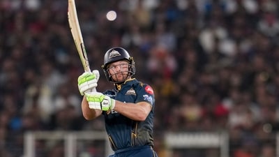 Jos Buttler ensured that even though wickets fell, his innings was enough to ensure that a loss was off the cards for GT. With some completely clean hitting and a flurry of boundaries, his 39(19) ensured GT could chase the target down with 26 deliveries to spare. (PTI) Jos Buttler ensured that even though wickets fell, his innings was enough to ensure that a loss was off the cards for GT. With some completely clean hitting and a flurry of boundaries, his 39(19) ensured GT could chase the target down with 26 deliveries to spare. (PTI)