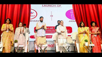 Union minister JP Nadda, along with Haryana chief minister Nayab Singh Saini at the 10th National Summit on 'Innovation and Inclusivity – Best Practices Shaping India's Health Future', in Chandigarh on Thursday. (Sourced) Union minister JP Nadda, along with Haryana chief minister Nayab Singh Saini at the 10th National Summit on 'Innovation and Inclusivity – Best Practices Shaping India's Health Future', in Chandigarh on Thursday. (Sourced)