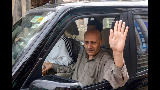 MP Rashid arrives to meet his ailing father after the Delhi High Court granted him a week's interim bail, at SMHS hospital in Srinagar, on Thursday. (PTI)