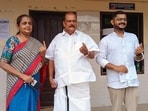 NDA candidate for Poonjar constituency PC George cast his vote at the booth during the Kerala Assembly election in Kottayam on Thursday.