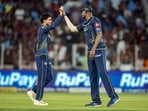 Gujarat Titans' Jason Holder and skipper Shubhman Gill teammates celebrate. Gujarat Titans' Jason Holder and skipper Shubhman Gill teammates celebrate.