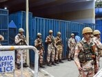 Security personnel being deployed at a strong room at Khudiram Anushilan Kendra ahead of the counting of votes of the West Bengal assembly elections, in Kolkata on Friday. Security personnel being deployed at a strong room at Khudiram Anushilan Kendra ahead of the counting of votes of the West Bengal assembly elections, in Kolkata on Friday.