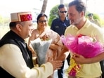 Himachal Pradesh Congress Committee chief Vinay Kumar welcoming Rahul Gandhi during his Kangra visit on Thursday. (PTI)