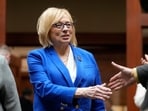Democratic Gov. Janet Mills, greets lawmakers prior to delivering her State of the State address, Jan. 30, 2024