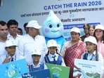 Mascot ‘Neera’ flanked by CM Rekha Gupta and water minister Parvesh Verma. (HT)