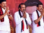  DMK candidate for Erode West constituency S. Muthusamy and other candidates of the Dravida Munnetra Kazhagam (DMK)-led Secular Progressive Alliance during a rally ahead of the Tamil Nadu Assembly elections, in Erode,